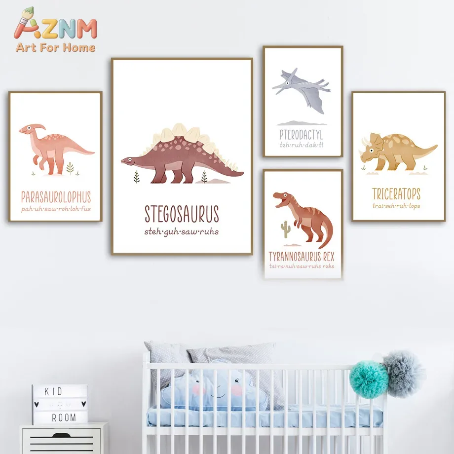 Kids No Education - AZNM Cute Watercolor Dinosaur Canvas Wall